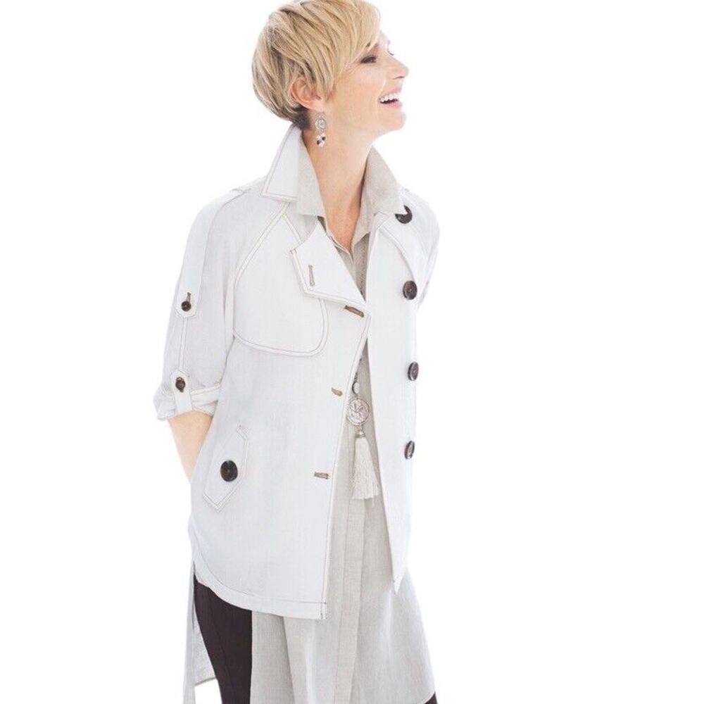Chico’s 100% Linen Cropped Trench Jacket Women Small White Roll Sleeve Pockets